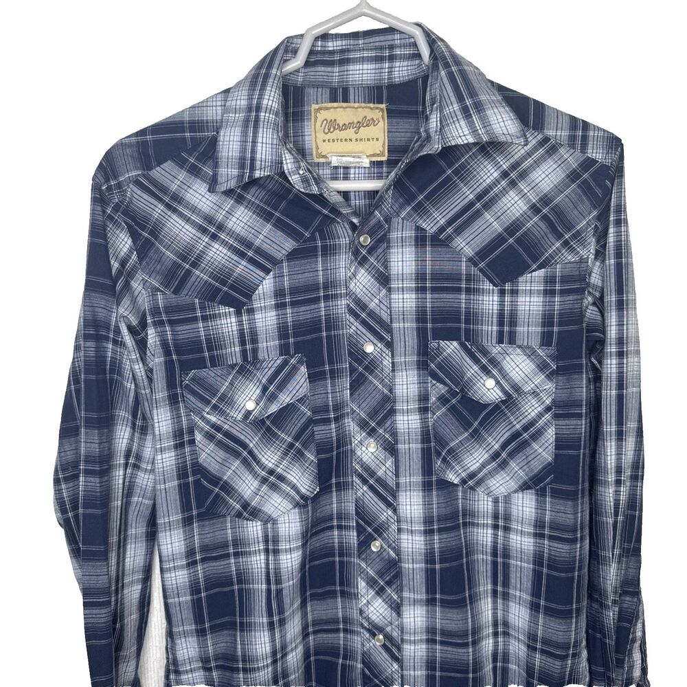 Wrangler Shirt Mens S Blue Gray Plaid Pearl Snap Western Cowboy Ranch Rodeo Top